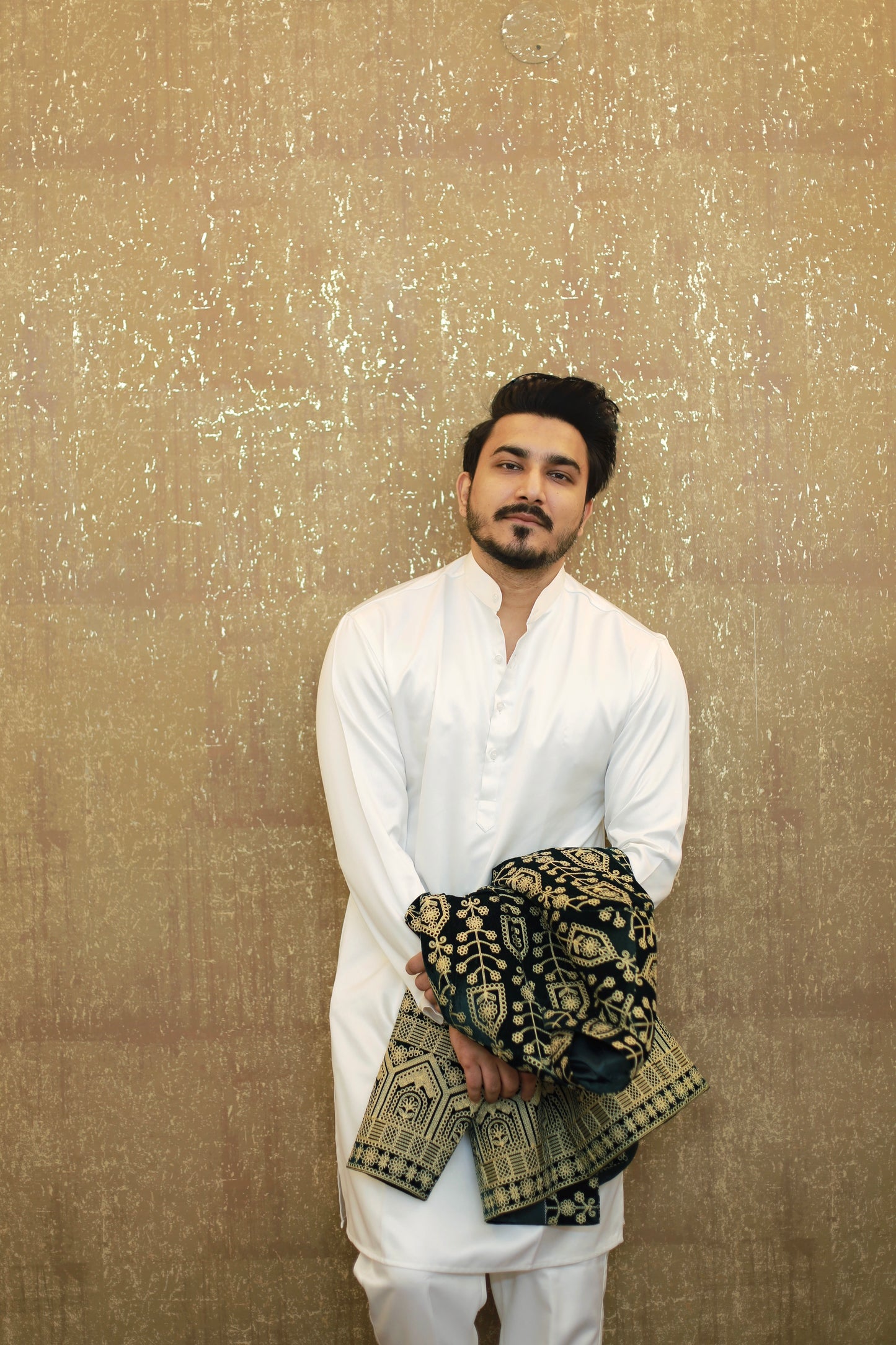 (Karam royal green velvet Jacket Kurta Pajama Set)