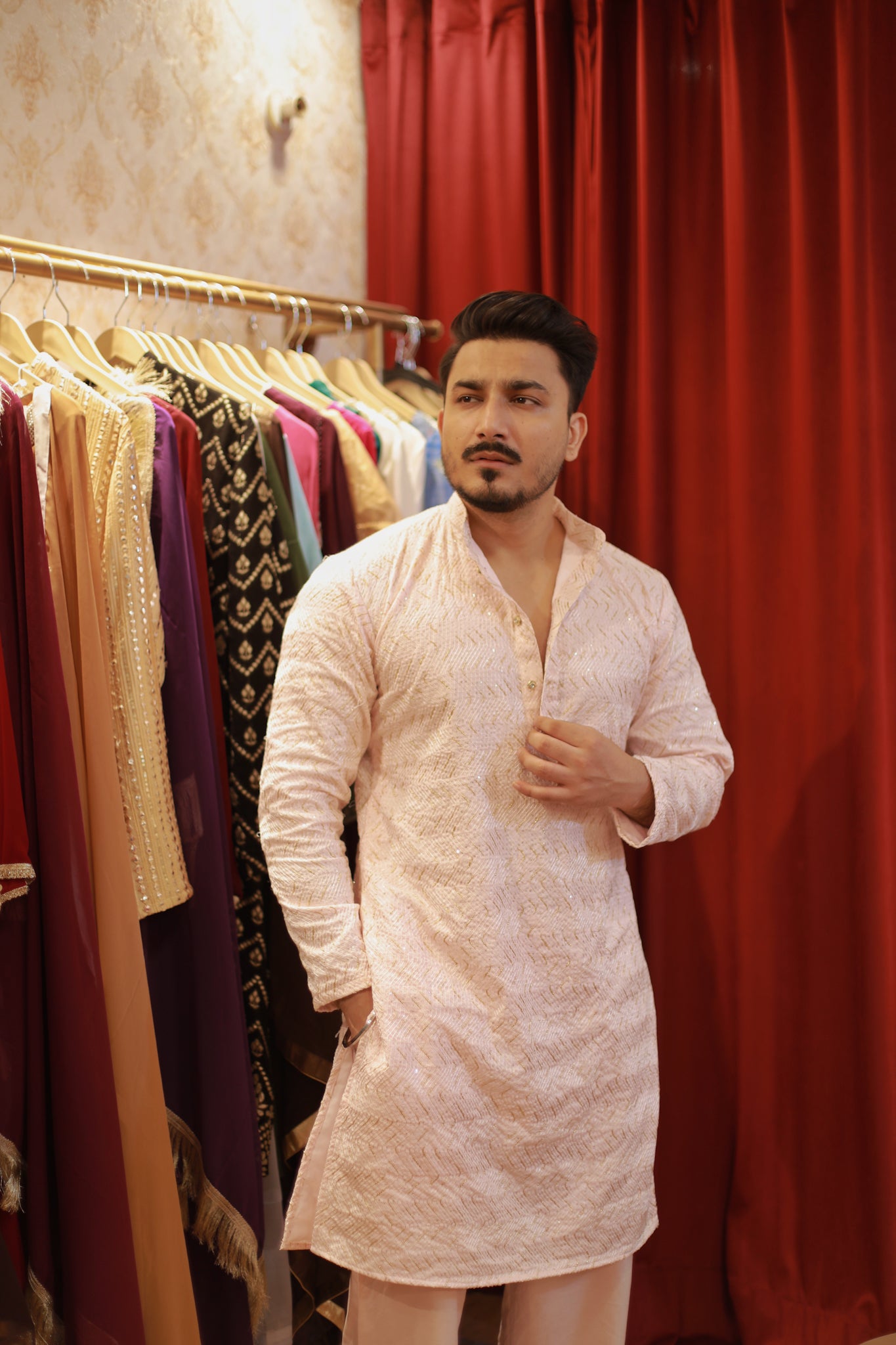 Light pastel pink with gold shimmer embroidery / pattern
 kurta Pyjama set