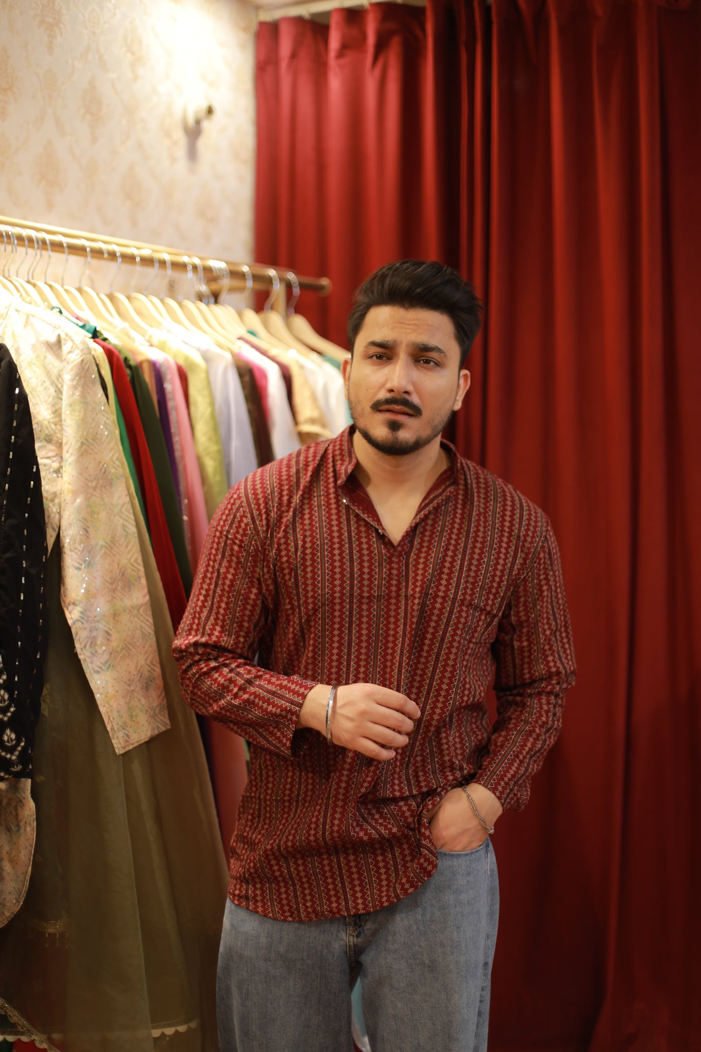Maroon Printed Short Kurta