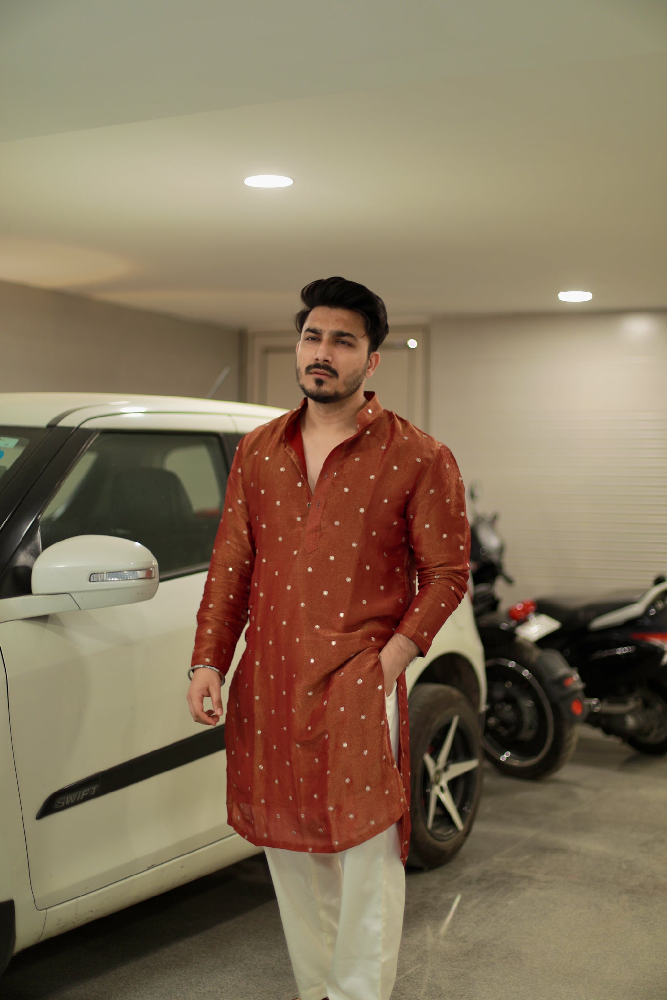 Rust Maroon Polka Kurta Pyjama Set — Timeless Festive Elegance