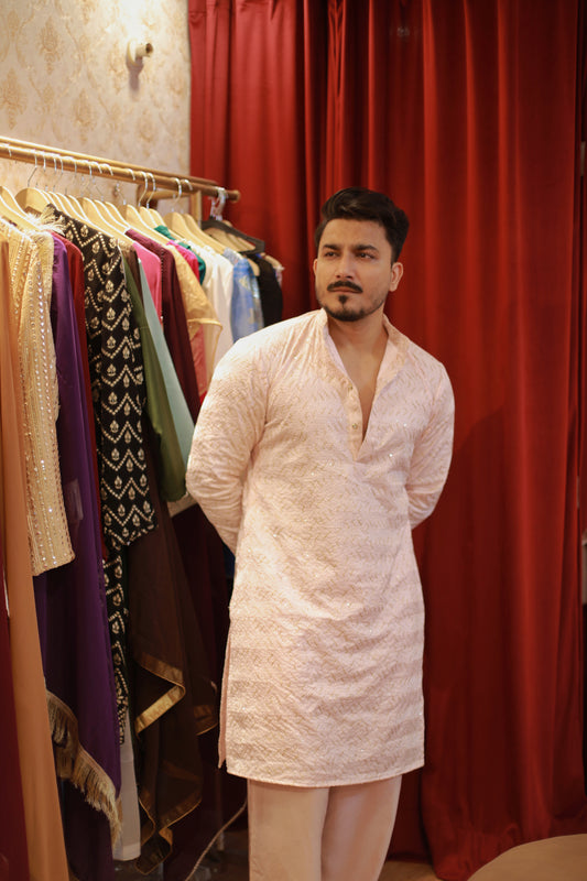 Light pastel pink with gold shimmer embroidery / pattern
 kurta Pyjama set