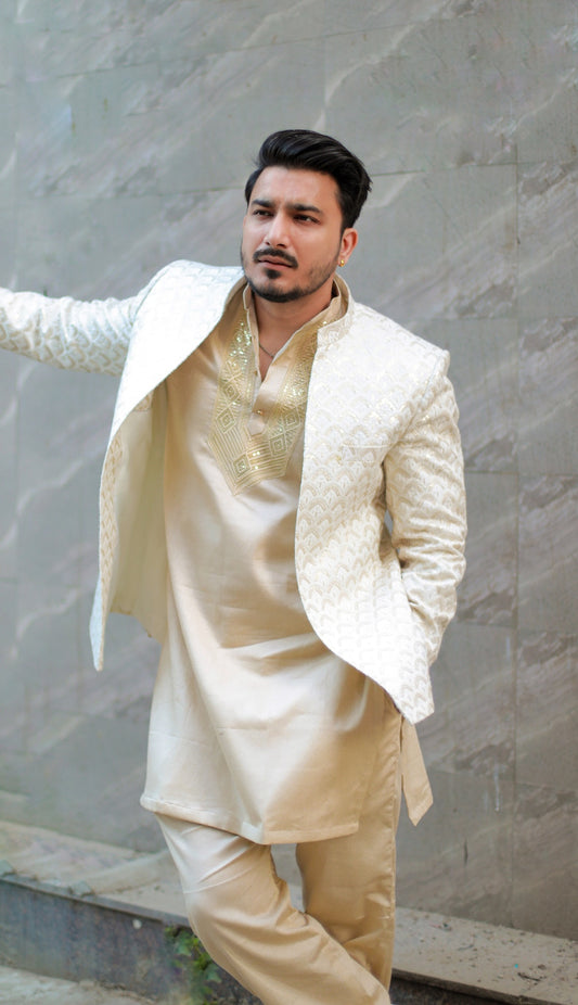 Beige Jacket kurta Pyjama Set
