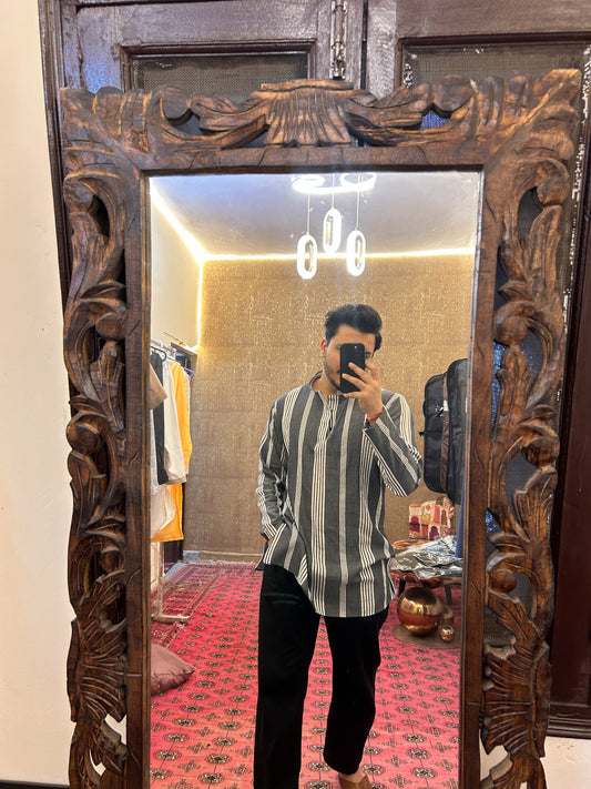 Grey and white stripes short kurta