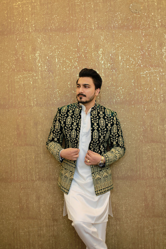 (Karam royal green velvet Jacket Kurta Pajama Set)