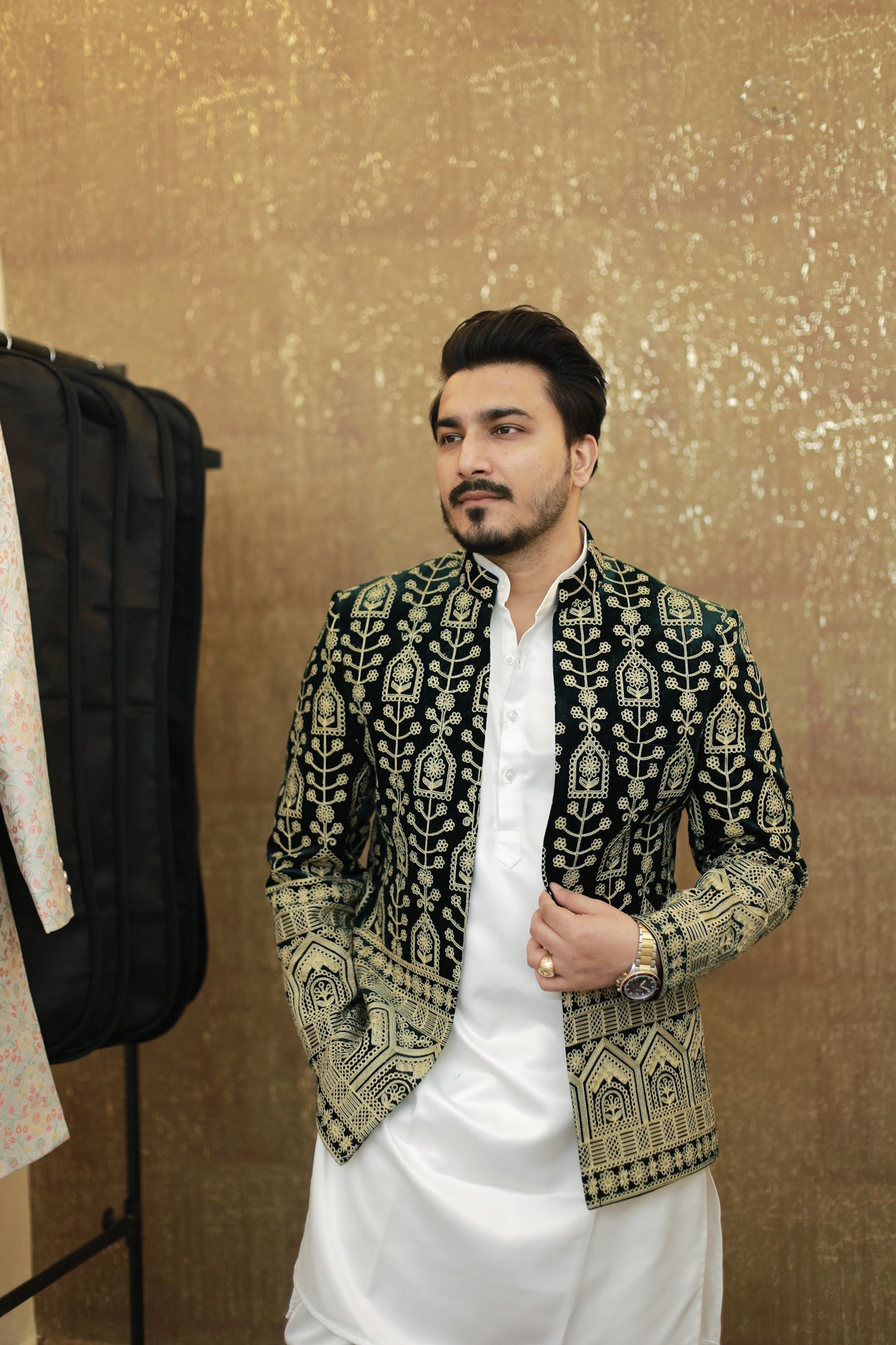 (Karam royal green velvet Jacket Kurta Pajama Set)