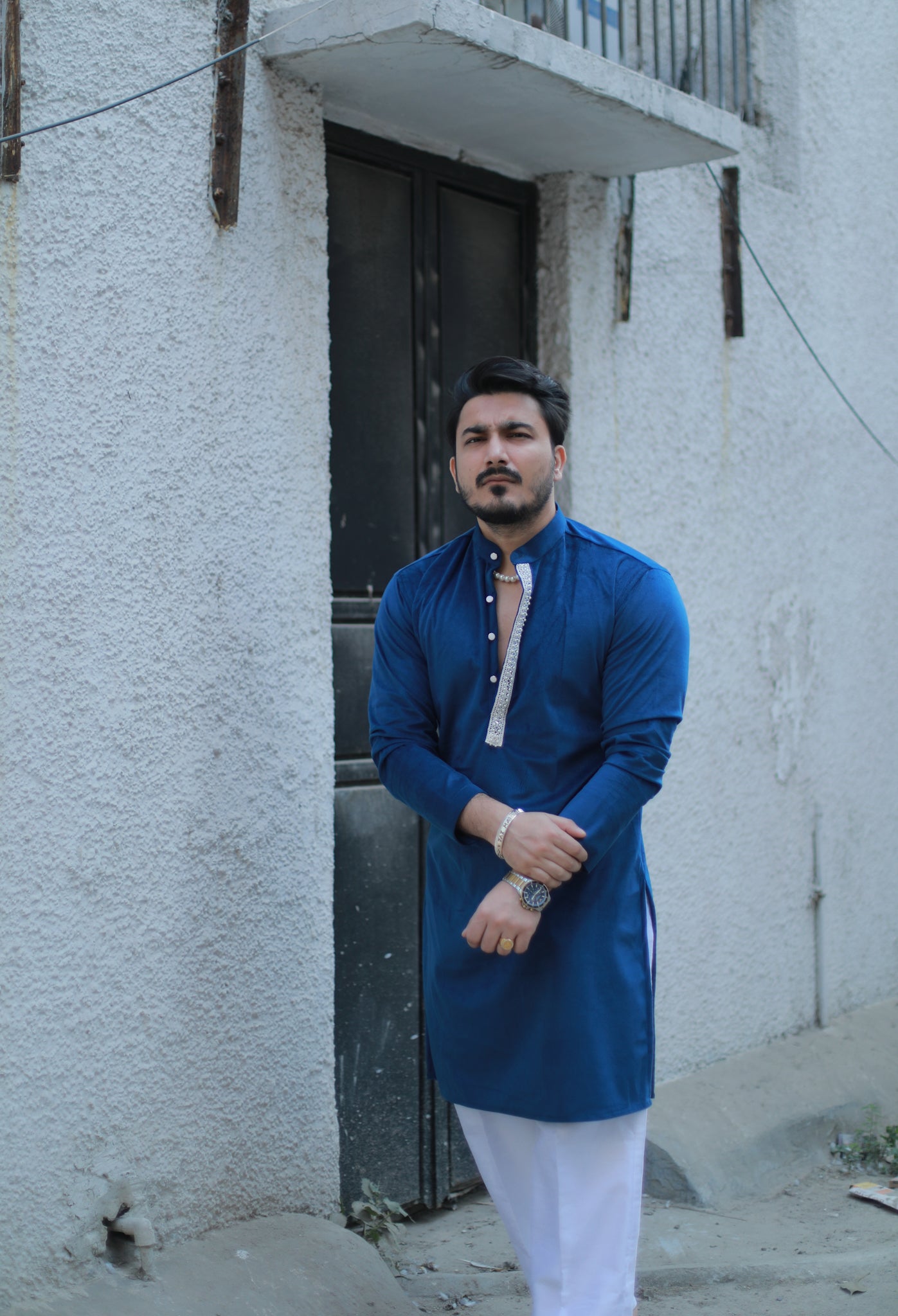 ‘Noor’ Blue Velvet Kurta Pajama Set