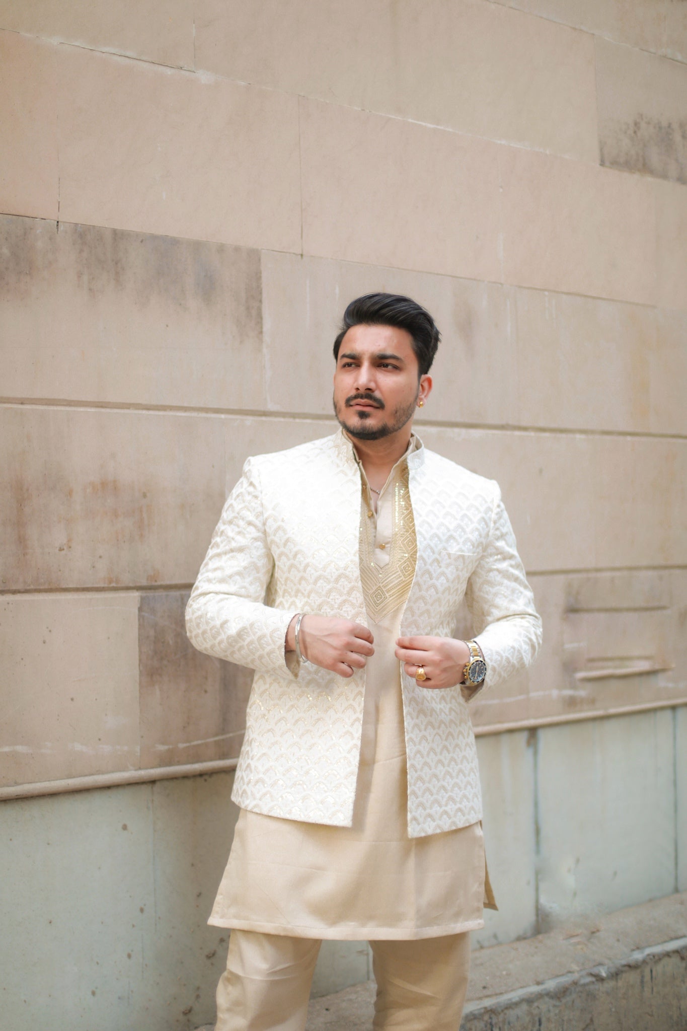Beige Jacket kurta Pyjama Set