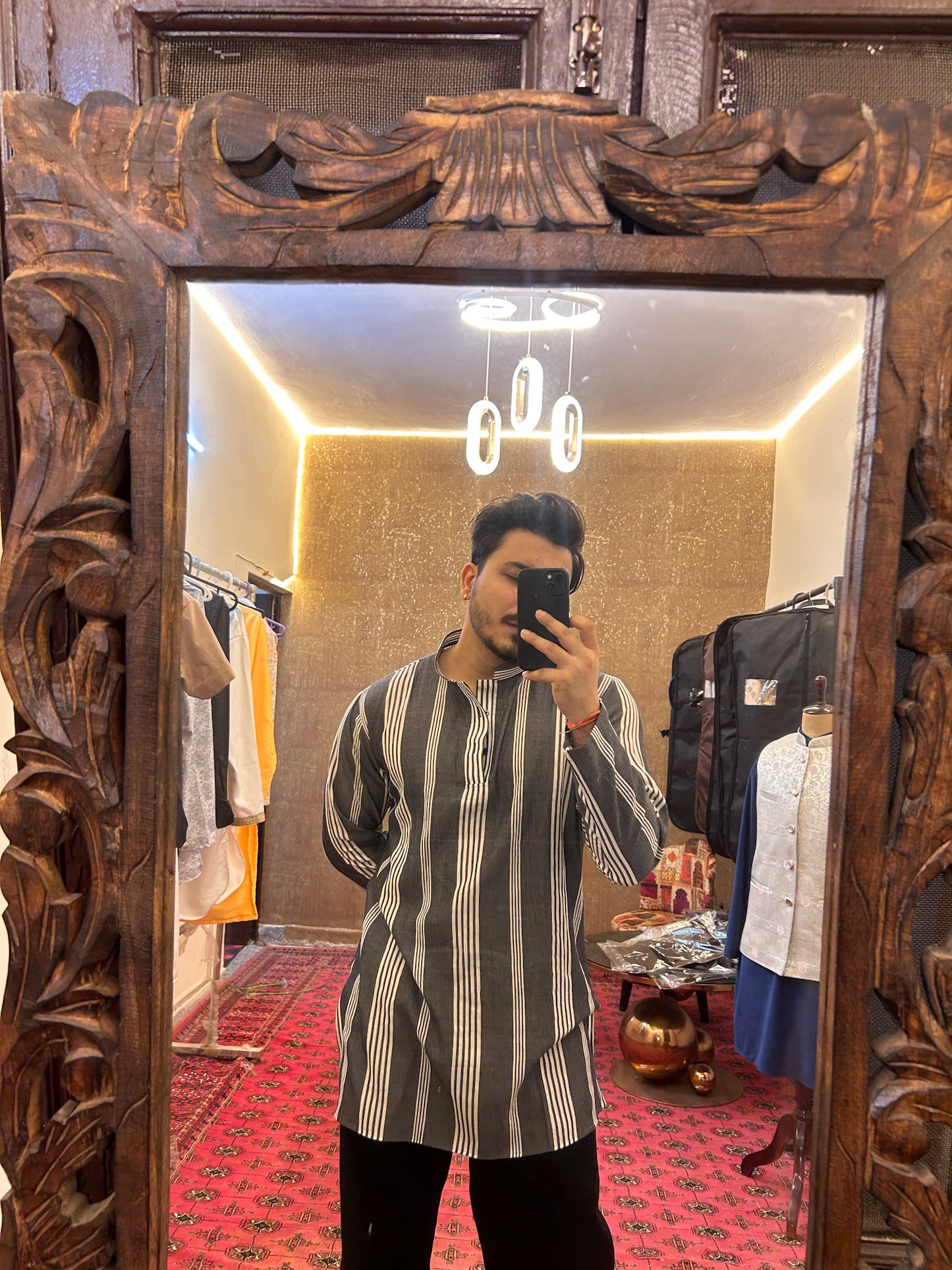 Grey and white stripes short kurta