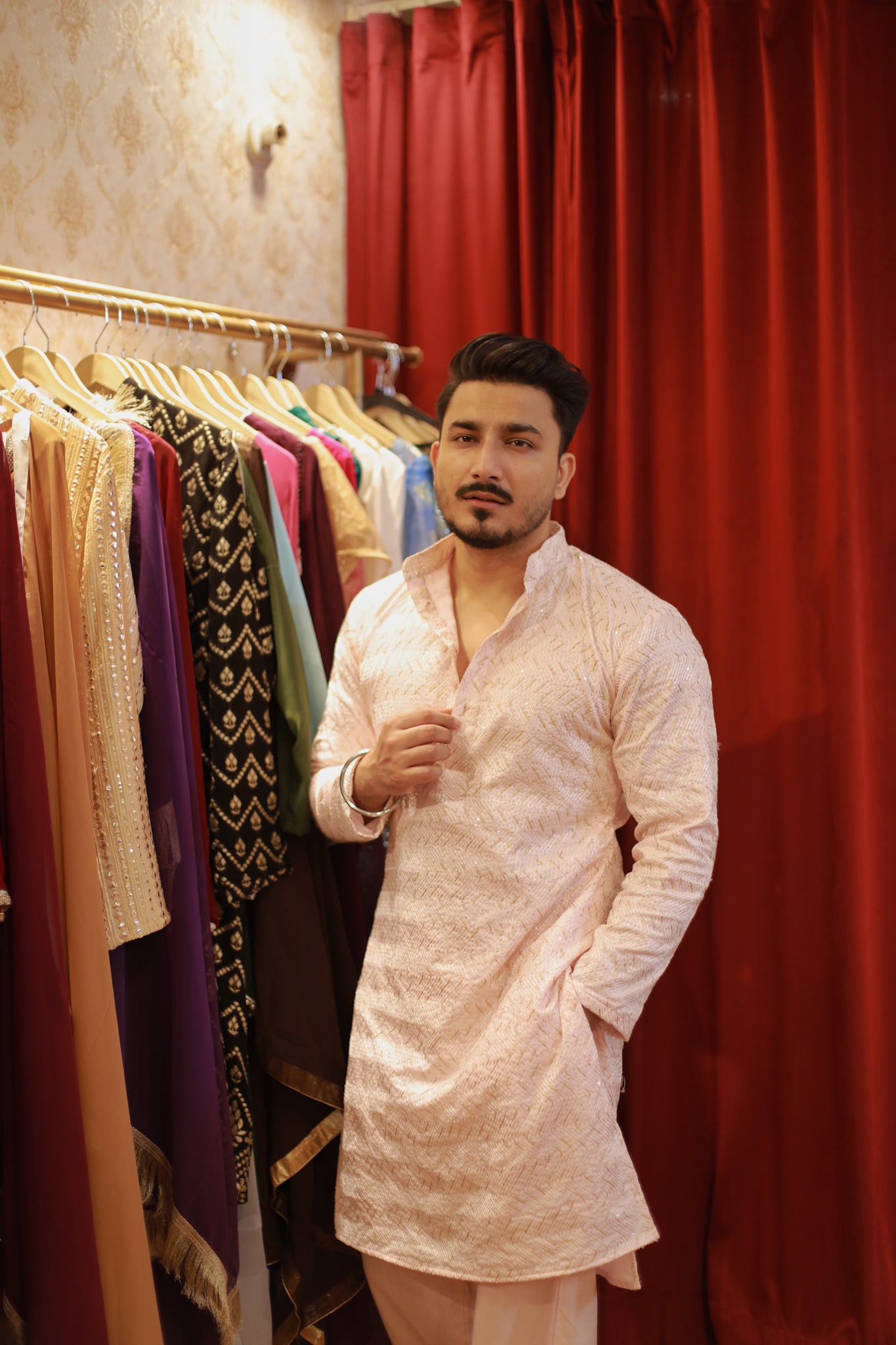 Light pastel pink with gold shimmer embroidery / pattern
 kurta Pyjama set