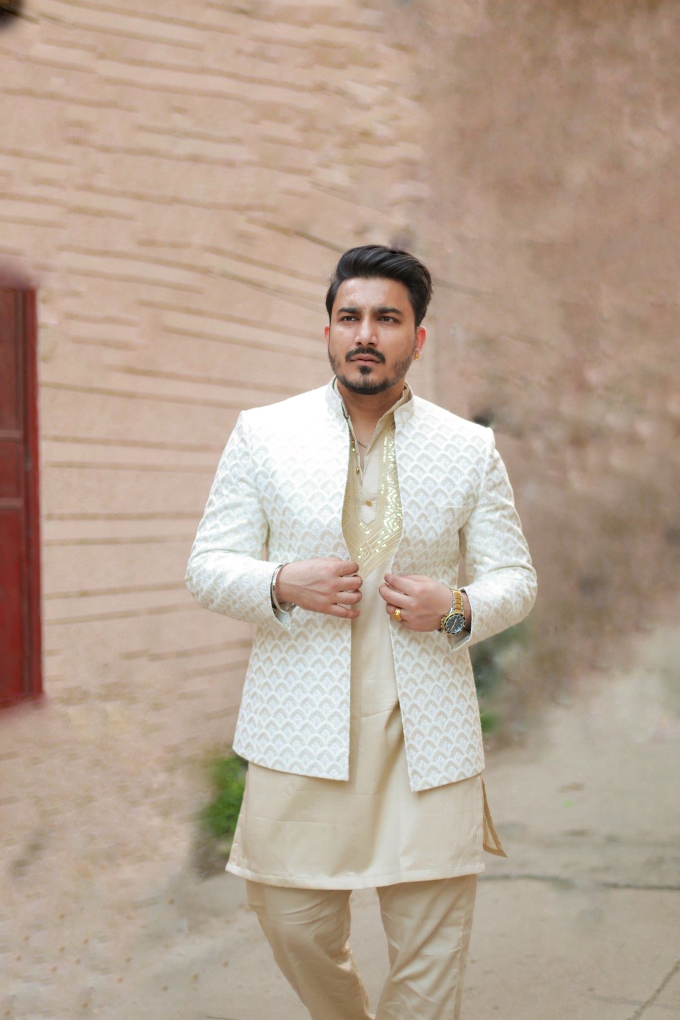 Beige Jacket kurta Pyjama Set