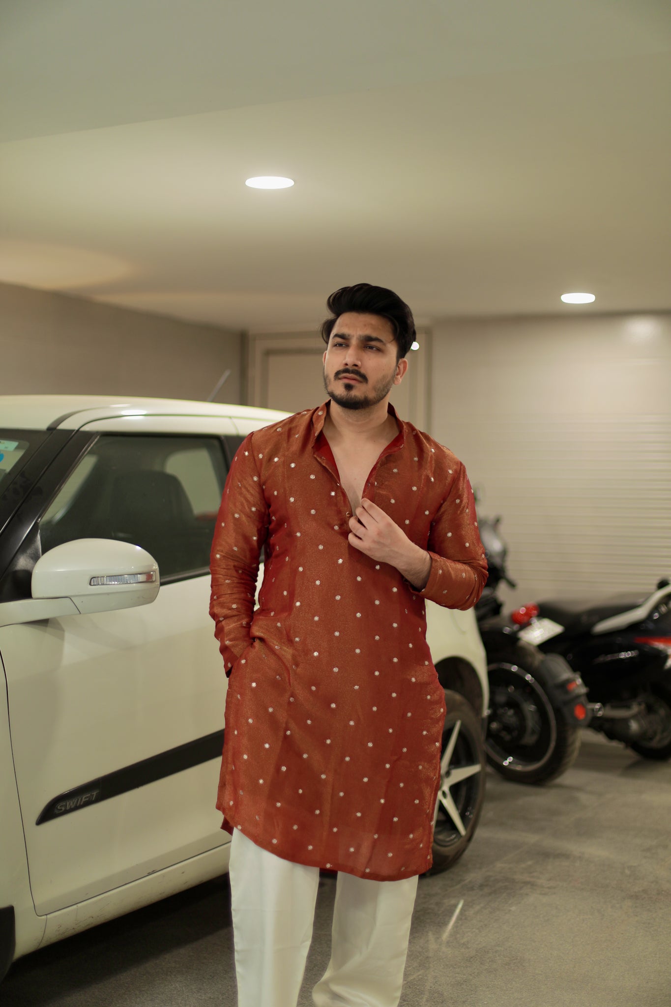 Rust Maroon Polka Kurta Pyjama Set — Timeless Festive Elegance