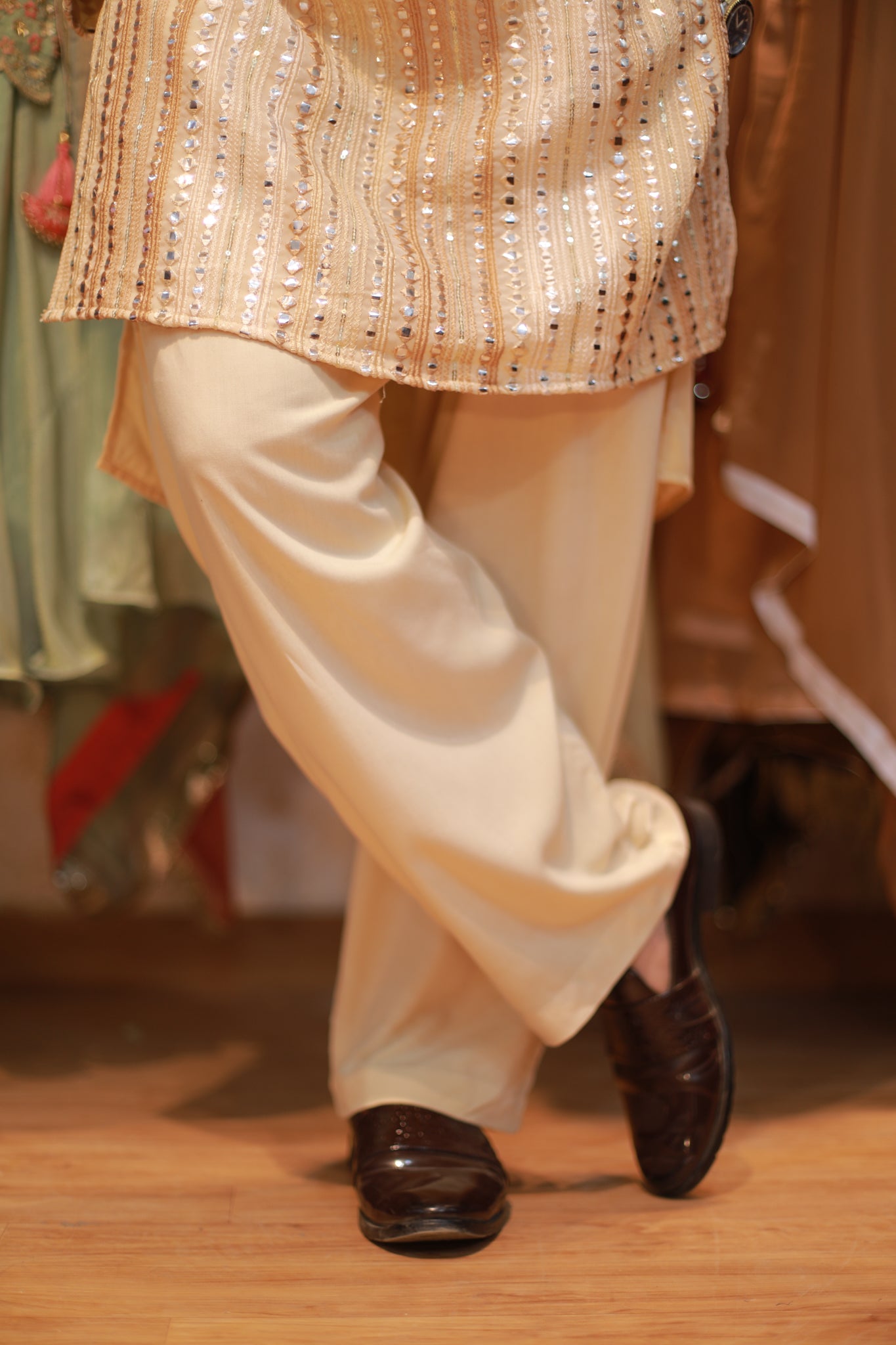 Golden Embroidery and mirror work kurta pyjama set