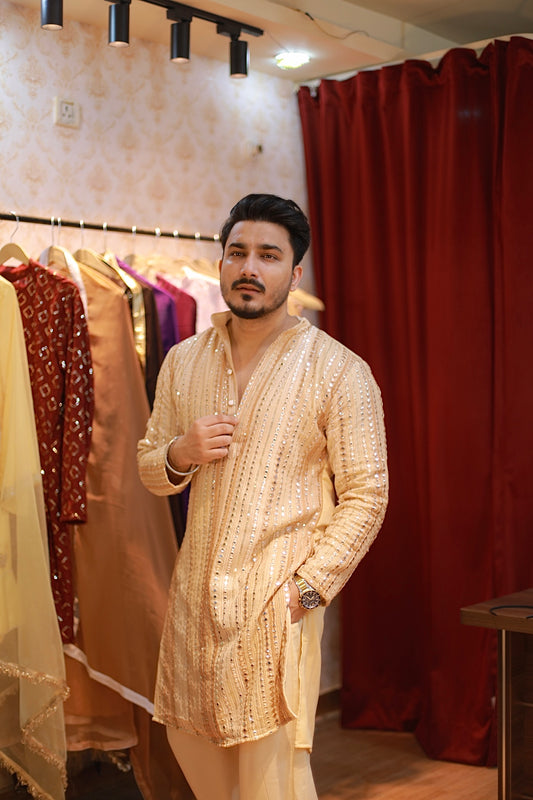 Golden Embroidery and mirror work kurta pyjama set