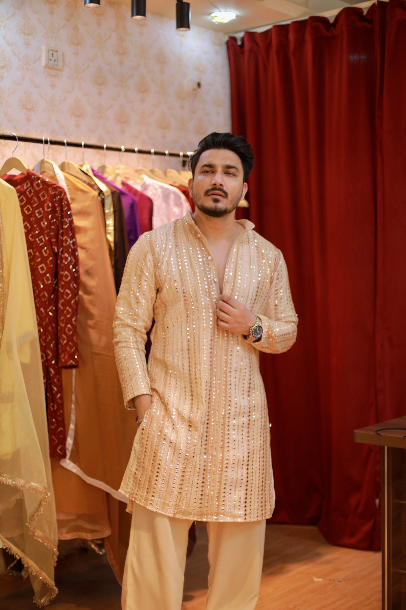 Golden Embroidery and mirror work kurta pyjama set