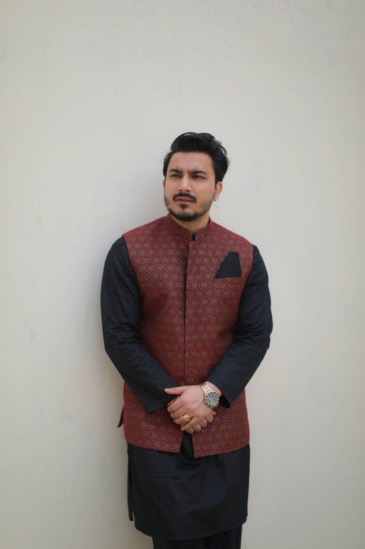 ‘Nawab’ Mahroon Jacket with kurta and Salwar set