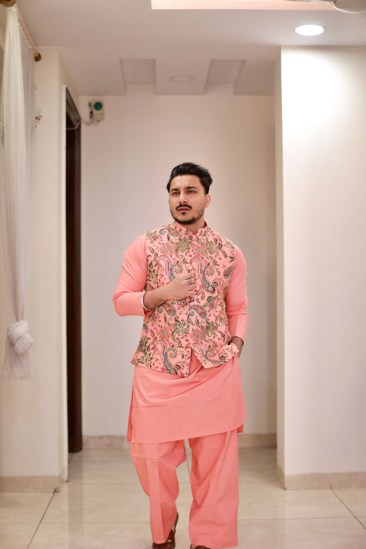 Peach Kurta pyjama Jacket set