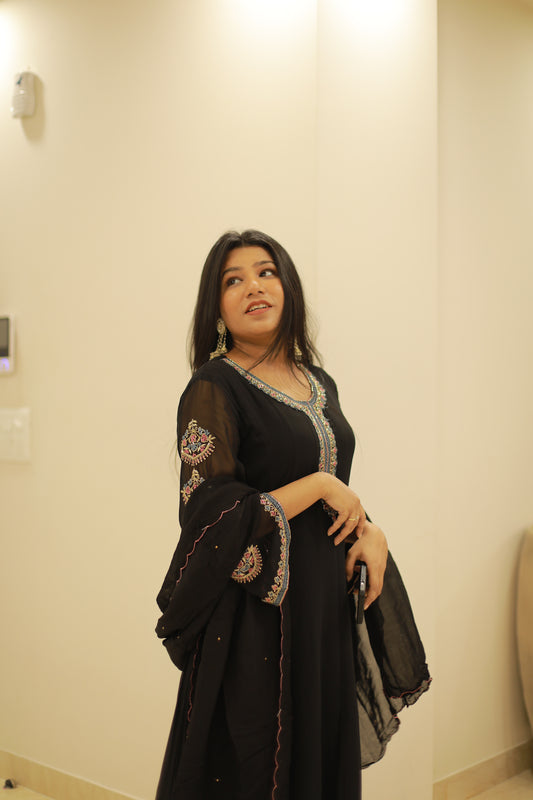 Pure Georgette Black Gown Set