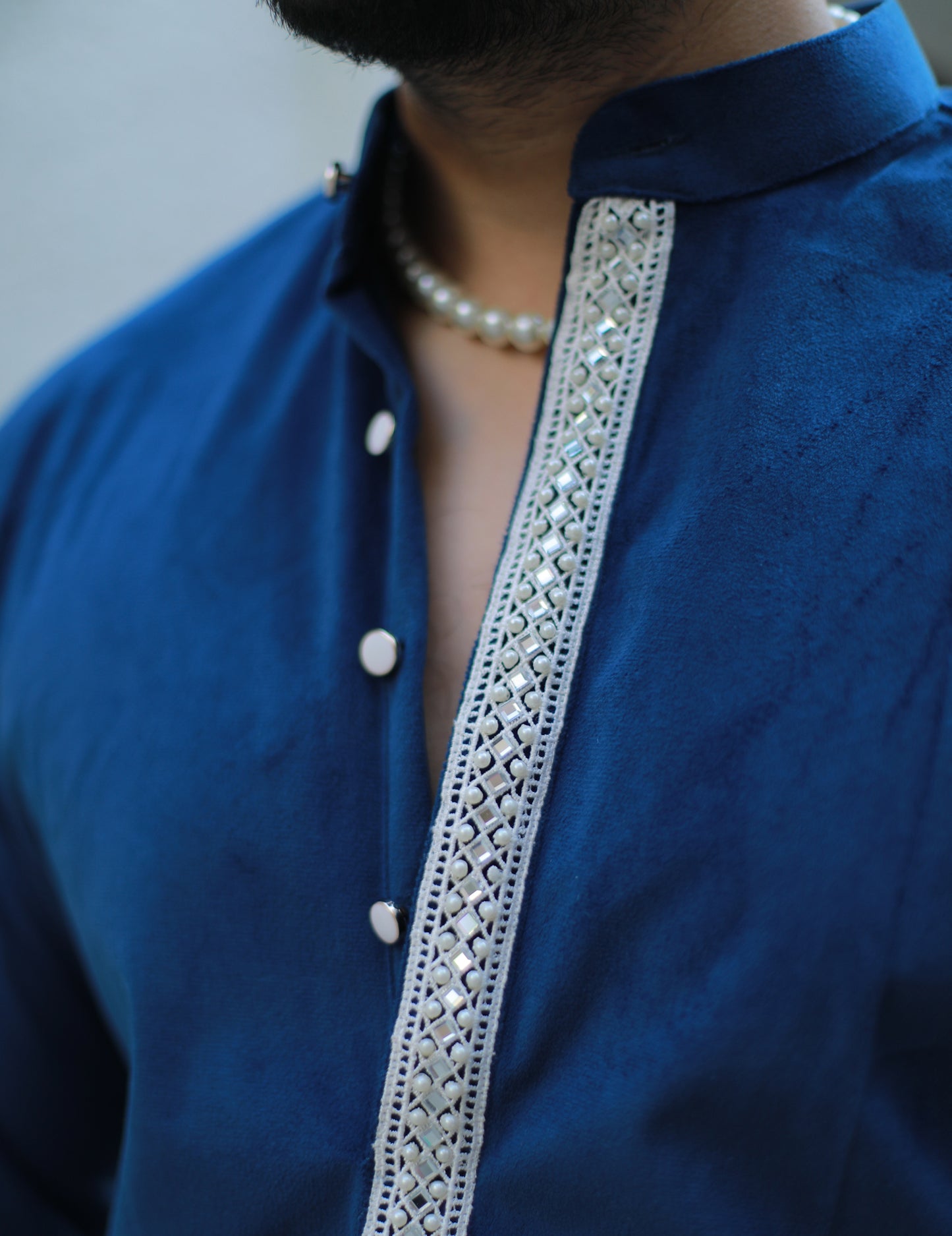 ‘Noor’ Blue Velvet Kurta Pajama Set