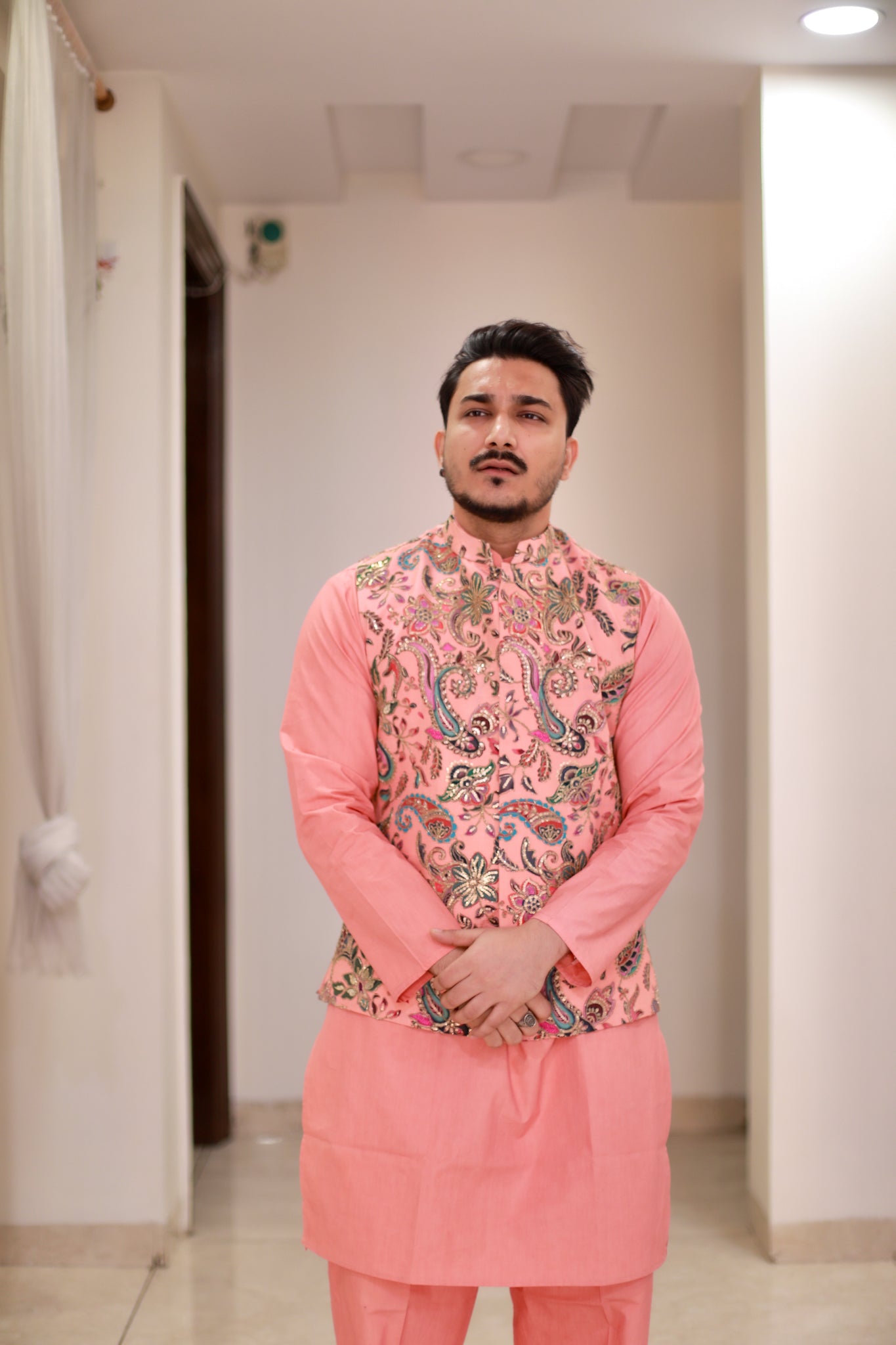 Peach Kurta pyjama Jacket set