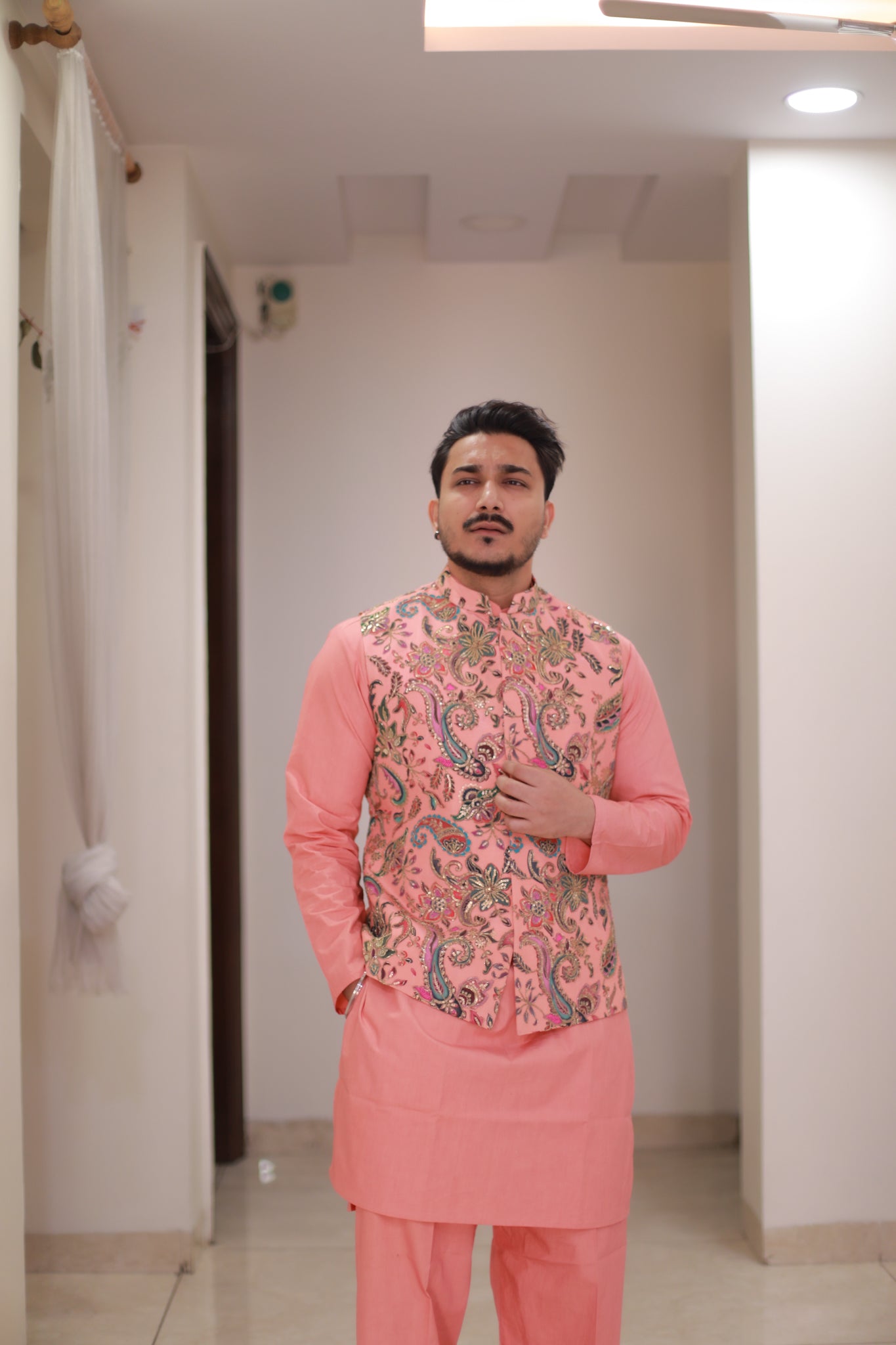 Peach Kurta pyjama Jacket set