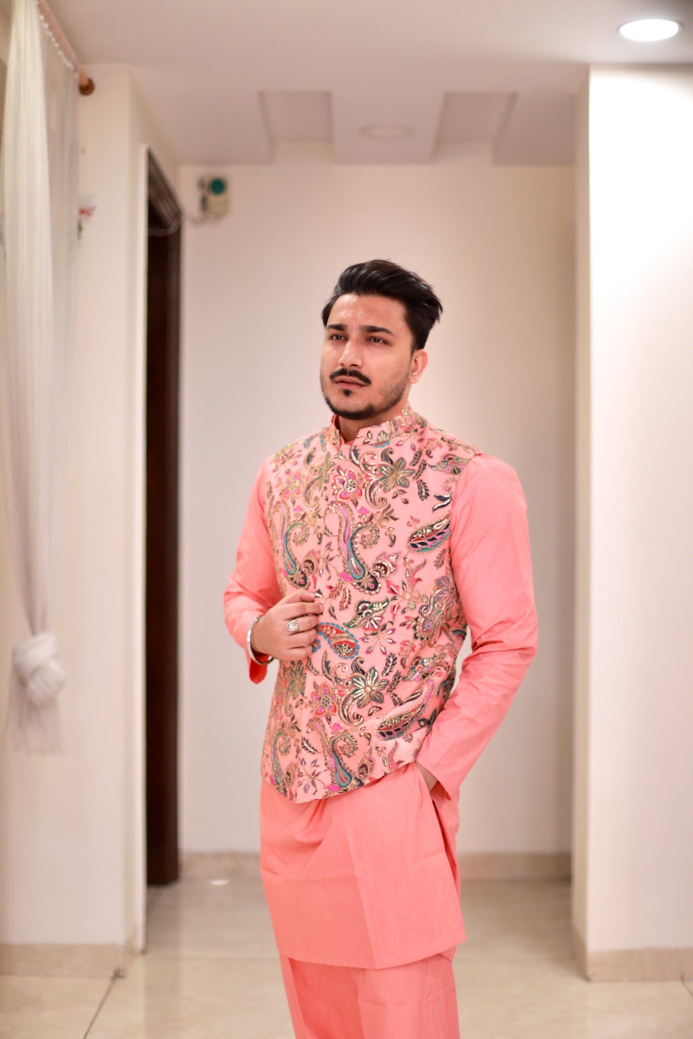 Peach Kurta pyjama Jacket set