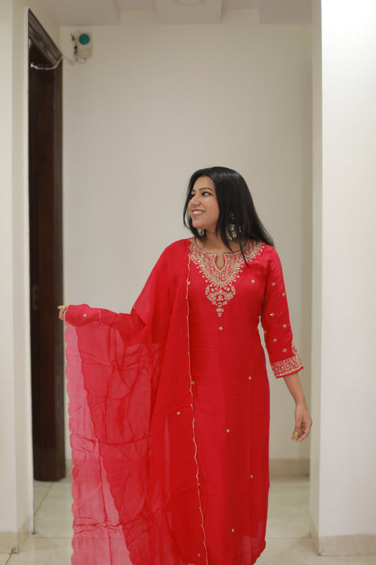 Crimson Red Handwork suit set