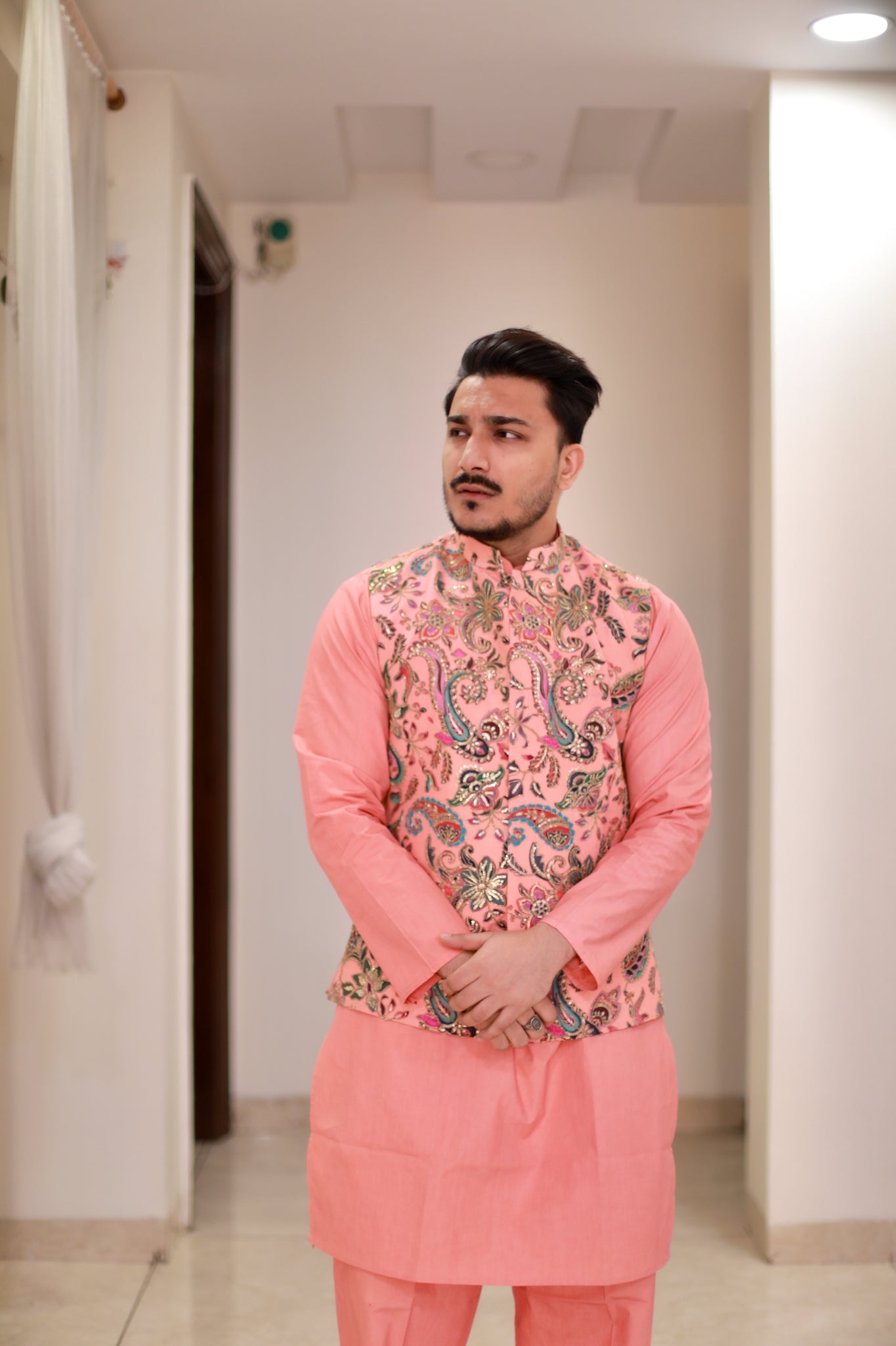 Peach Kurta pyjama Jacket set