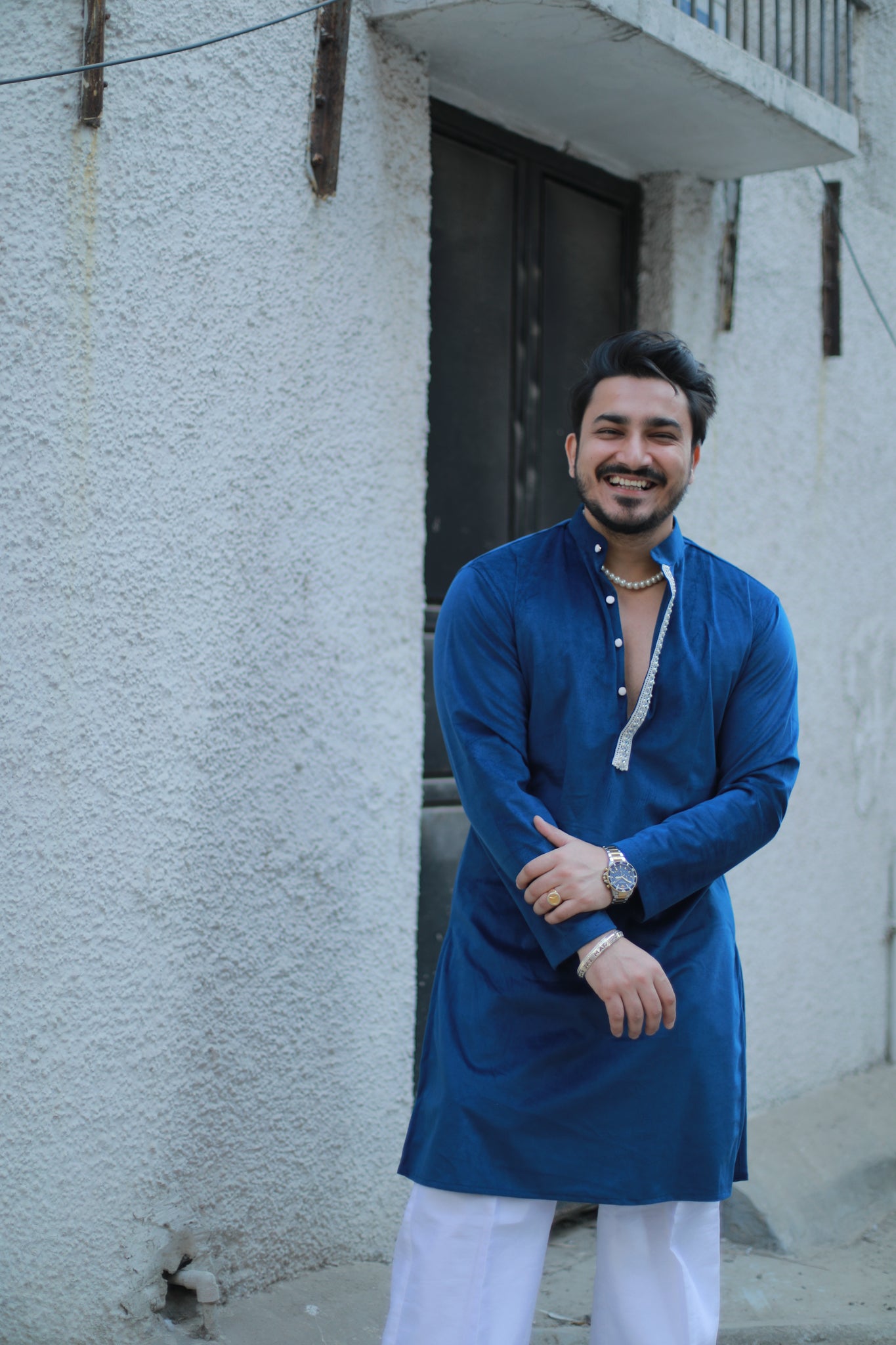 ‘Noor’ Blue Velvet Kurta Pajama Set